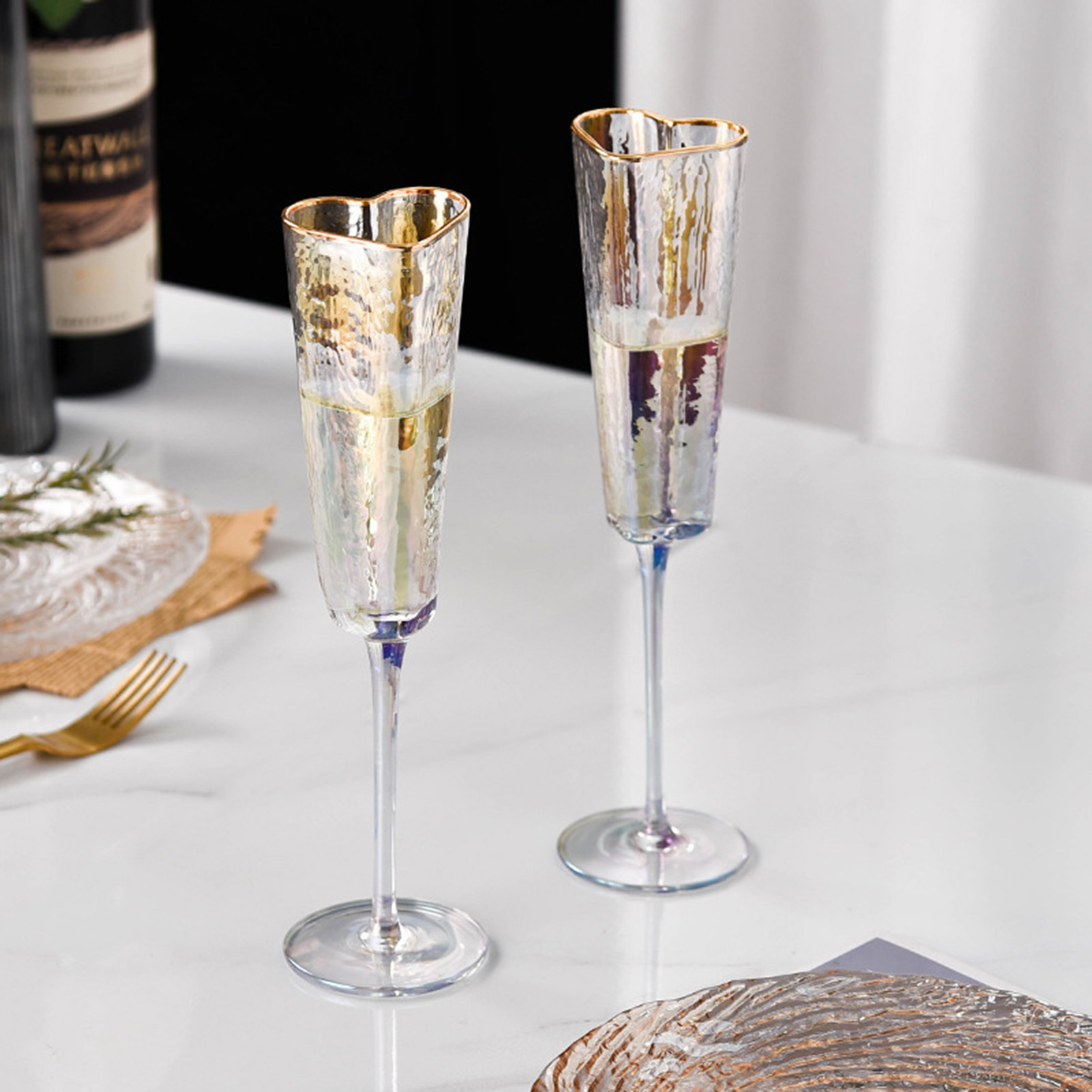 Champagne Flute Pair - Household Stylish Wine Cups Golden Rimmed